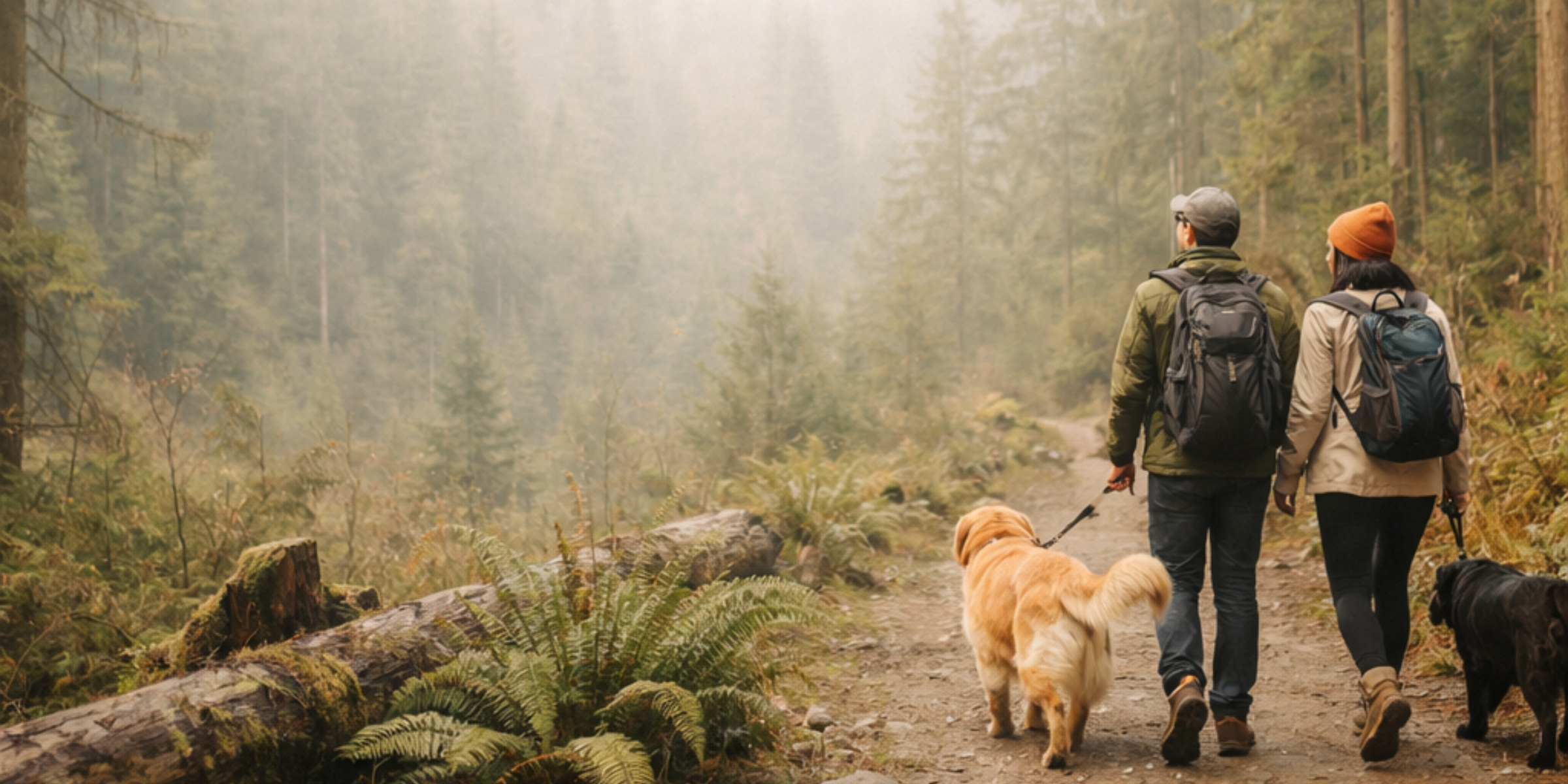 Two people walking with two dogs on a misty forest path